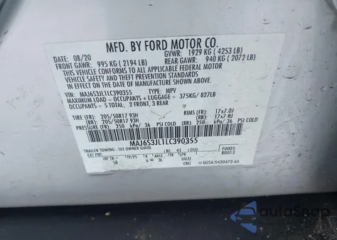 2020 Ford Ecosport Ses z USA, uszkodzony, nr VIN MAJ6S3JL1LC390355